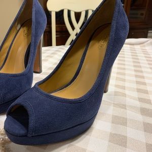 Coach Navy Suede Platform Peep-Toe Pumps